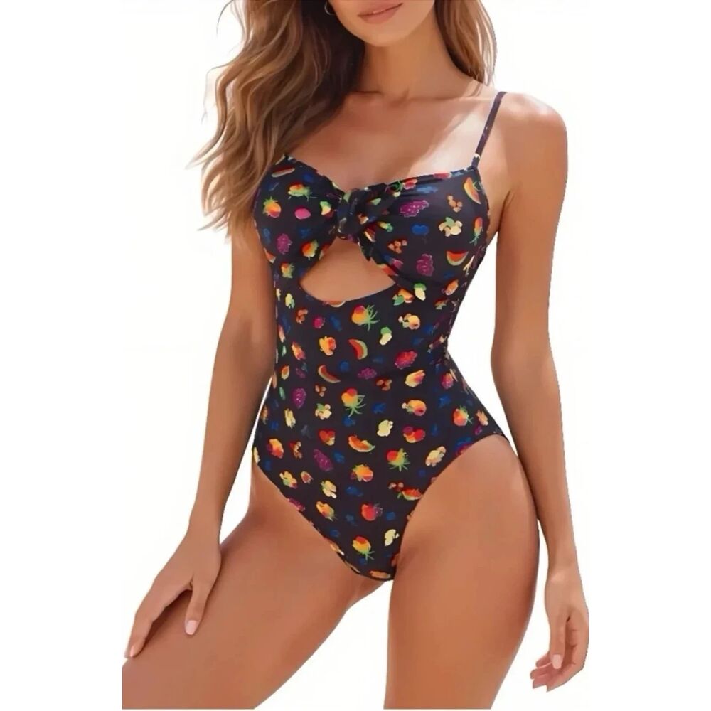 Kate Spade Tie Bandeau One Piece Swimsuit Summer Fruit Black Pink Size XS NWT